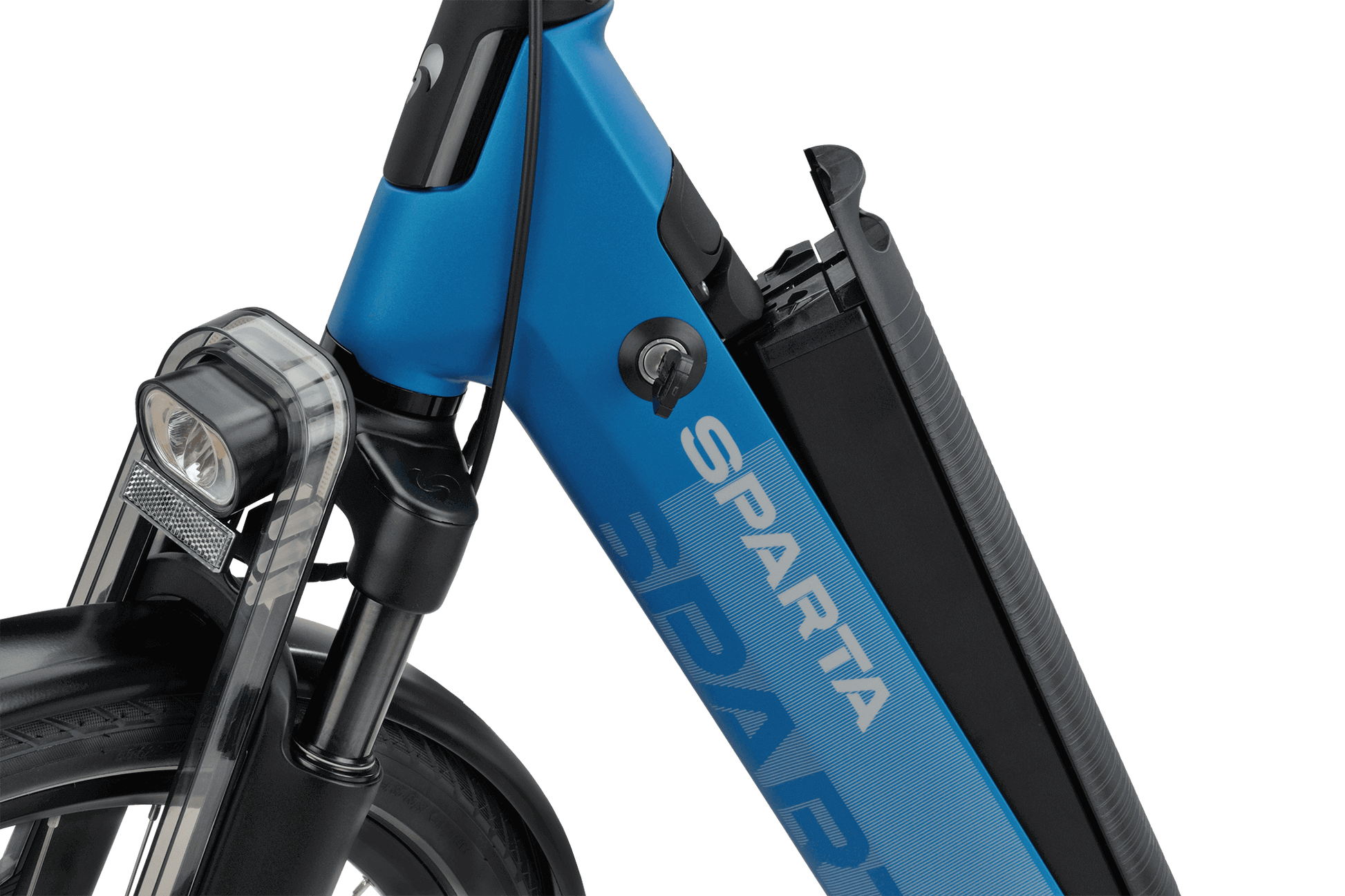 Close-up of a blue Sparta bicycle frame with a black seat on a black background
