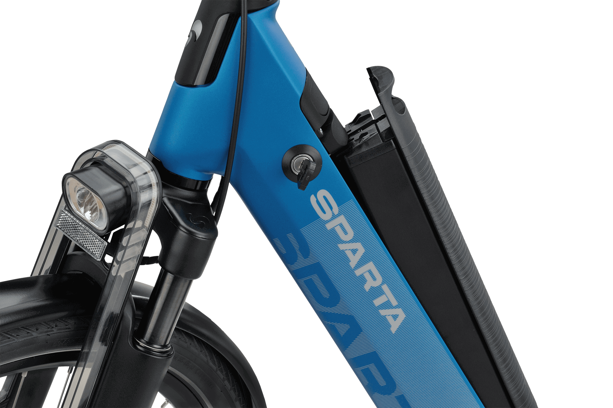 Close-up of a blue Sparta bicycle frame with a black seat on a black background